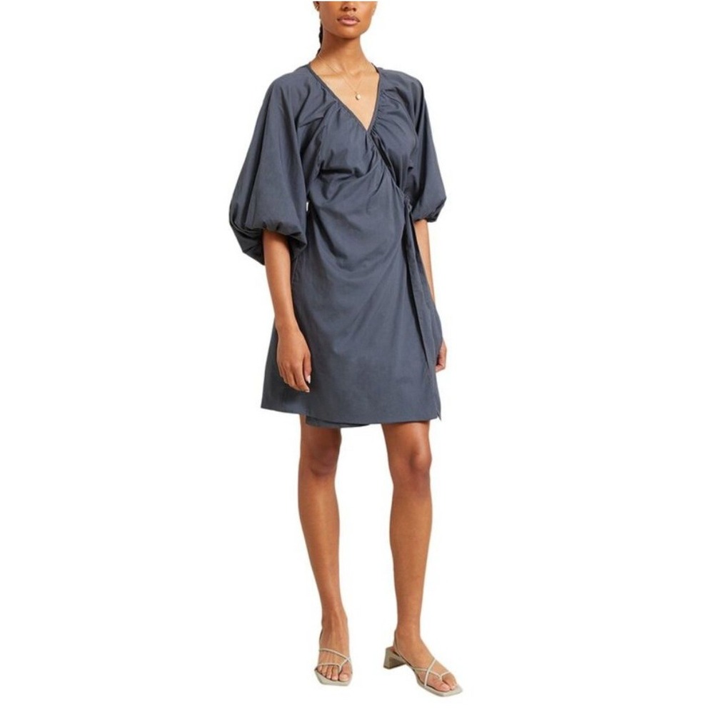 Modern Citizen Paz Puff Sleeve Wrap Dress Sz XS Blue Organic Cotton Minimalist